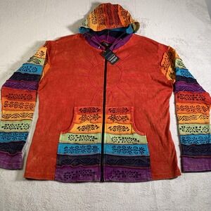 GreaterGood‎ Hoodie Mens 2XL Red Rainbow Boho Zip Sun Patchwork Nepal Hippie NEW